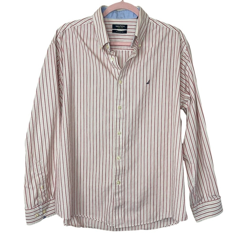 NAUTICA Men's Red Pinstripe‎ Cotton Oxford, 17 Neck 34/35